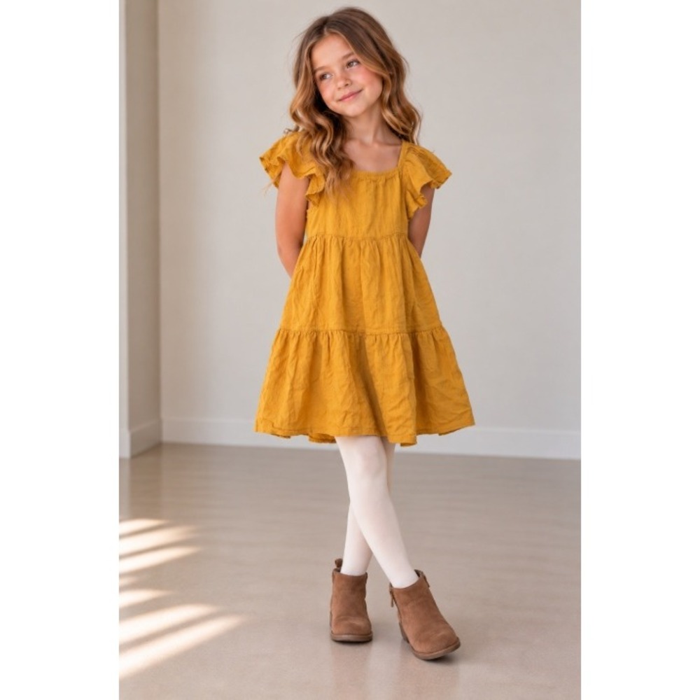 Jumping Beans Toddler Girl Yellow Square Neck Flutter Sleeve Dress 4T_K42